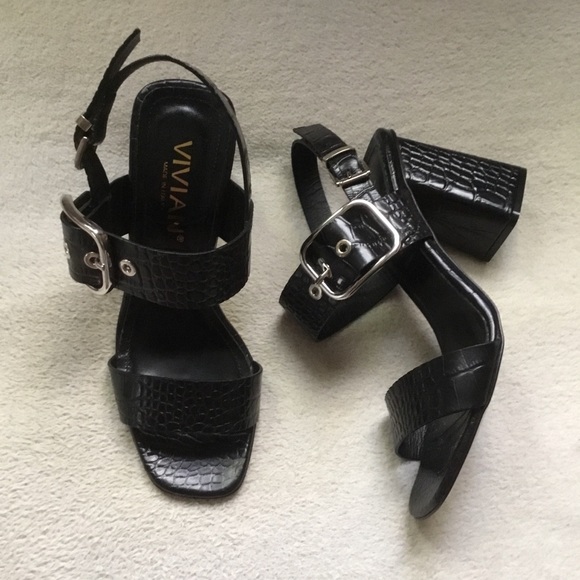 New VIVIAN black moc croc chunky heel sandals 37 6 - Picture 1 of 7